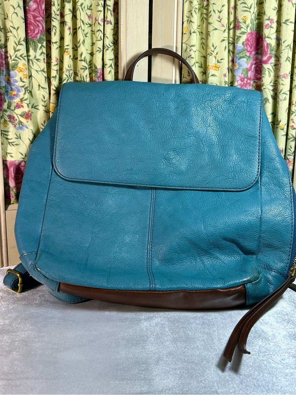 Fossil Teal Leather Backpack or Handbag with Brown Trim
